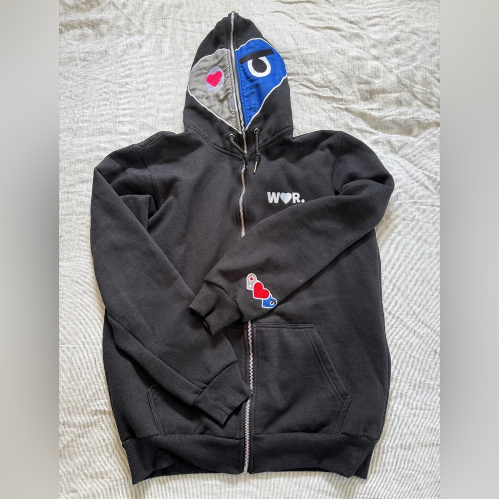 LUVWAR Black Zip-Up Hoodie with Heart Patch Accents